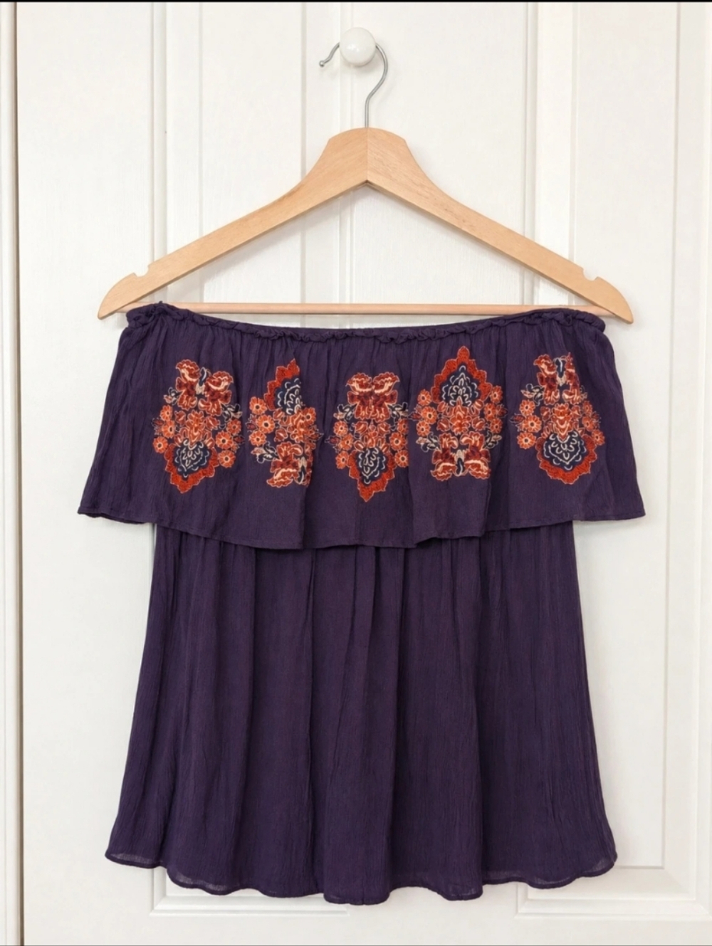 Judith March Off Shoulder Embroidered Boho Top Purple Floral Peasant Blouse Size - Picture 3 of 7